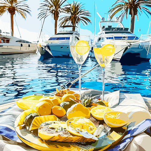 Picnic on a yacht with fruits and cocktail. Chic rich luxury vacation holiday on a yacht ship in the sea ocean. Positive relax sunny bright colorful wall art for marine home decor. Art Gift by Irina BAST, Digital for Sale on Singulart