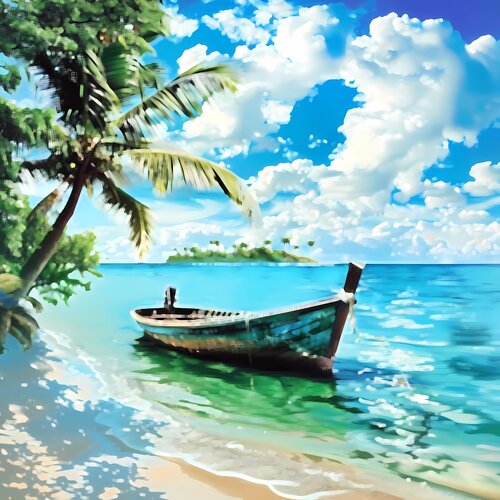 Boat rocks on turquoise waves near a tropical island. Romantic mood realistic photo. Seascape, ocean, waves, sand, summer, vacation, holidays. Happy meditation di Irina BAST, Fotografia in vendita su Singulart