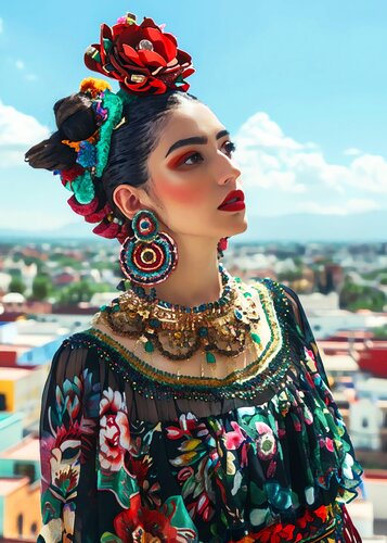 Beautiful Mexican woman. Original colorful ethnic woman photo art. Modern style portrait, vivid colors poster for decor, Frida Kahlo inspiration von Irina BAST, Fotografie kaufen auf Singulart