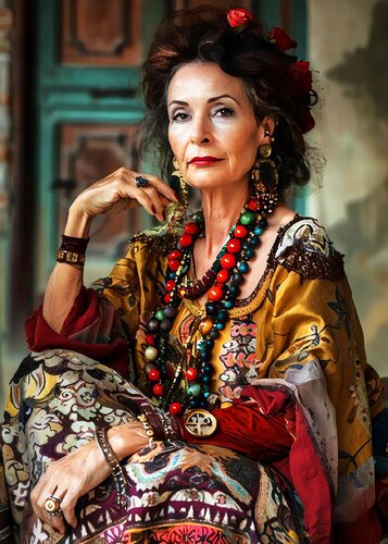 Mature beauty woman. Original colorful ethnic woman photo art. Modern style portrait, vivid colors poster for decor, Frida Kahlo inspiration von Irina BAST, Fotografie kaufen auf Singulart