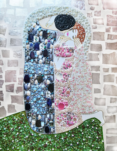 Beautiful romantic Love original painting Kiss with GEMSTONES and mosaic. Gustav Klimt inspired artwork. Unforgettable wedding gift for couple, for wife, husband, parents, friends. Unique wall art for bedroom or living room van Irina BAST, Schilderij te koop op Singulart