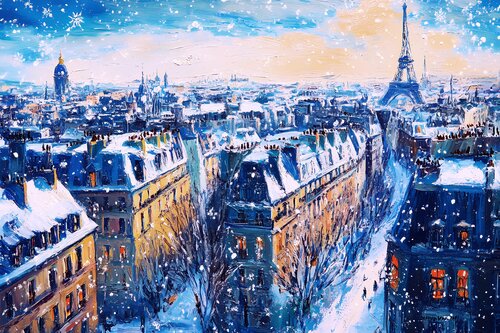WINTER IN EVENING PARIS. Eiffel Tower. France. Blue french cityscape. Peaceful winter landscape. Living room, nursery, bedroom wall art decor. Nursery living room bedroom wall art home decor. Lovely art gift by Irina BAST, 인쇄 for Sale on Singulart