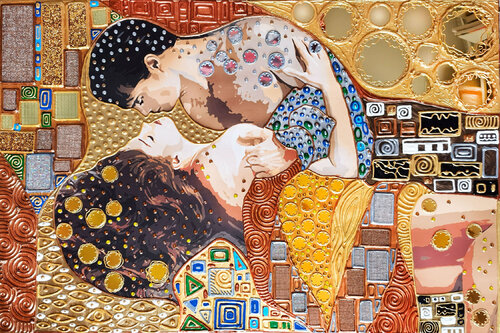 Love painting. Man and woman couple portrait abstract in Gustav Klimt style. Unique art gift for wife and husband, Wedding and Anniversary. Bedroom wall art home decor Irina BAST