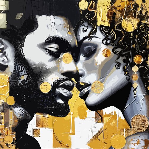 Black passion - Love romantic art on canvas. Bright silver and gold black skin people portrait. Original african man & african woman portrait. Couple in love, erotic wall art for bedroom decor von Irina BAST, Druck kaufen auf Singulart