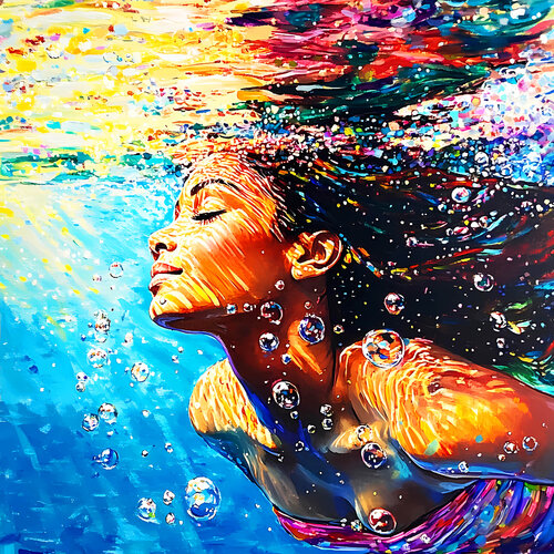 Beautiful black african american woman under water in the sea, ocean. Female portrait artwork with woman in bikini. Positive relax holiday colorful wall art home decor by Irina BAST, Digital for Sale on Singulart