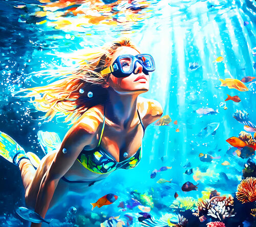 UNDER THE SEA. MERMAID. Beautiful woman under water in the sea, ocean. Female portrait artwork with woman in bikini. Positive relax holiday colorful wall art home decor by Irina BAST, Digital for Sale on Singulart