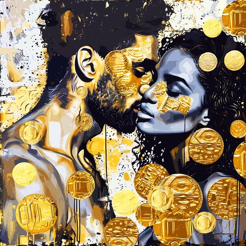 Black passion - Love romantic art on canvas. Bright silver and gold black skin people portrait. Original african man & african woman portrait. Couple in love, erotic wall art for bedroom decor von Irina BAST, Druck kaufen auf Singulart