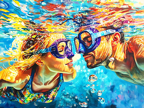 SECONDS BEFORE THE KISS. Love romantic art. Bright people man & woman couple portrait. Under water, dream, travel, holiday, beach, seaside, marine, aqua. by Irina BAST, 版畫 for Sale on Singulart
