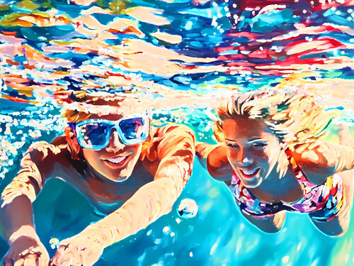 MOMENTS TOGETHER. Love romantic art. Bright people man & woman couple portrait. Under water, dream, travel, holiday, beach, seaside, marine, aqua. by Irina BAST, 版畫 for Sale on Singulart