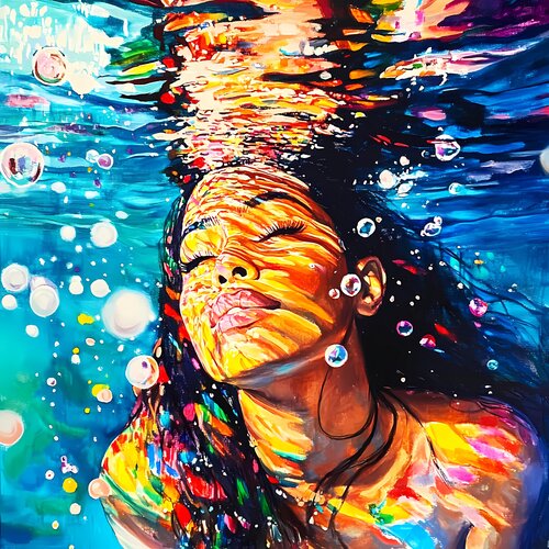 Black mermaid. Beautiful black african american woman under water in the sea, ocean. Female portrait artwork with woman in bikini. Positive relax holiday colorful wall art home decor by Irina BAST, Digital for Sale on Singulart