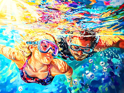 MOMENTS TOGETHER. Love romantic art. Bright people man & woman couple portrait. Under water, dream, travel, holiday, beach, seaside, marine, aqua. von Irina BAST, Druck kaufen auf Singulart