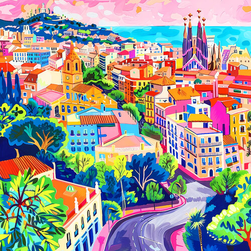 Sunny Spain. Barcelona. Bright impressionistic fairytale colorful landscape fantasy city. Hanging large positive naive fine art for home decor, inspiration by Matisse von Irina BAST, Digital kaufen auf Singulart