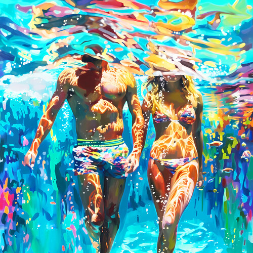 MOMENTS TOGETHER. Love romantic art. Bright people man & woman couple portrait. Under water, dream, travel, holiday,  happiness, beach, seaside, marine, aqua. by Irina BAST, 版畫 for Sale on Singulart
