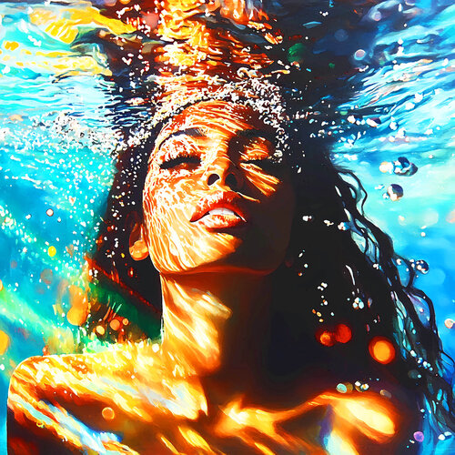 Black mermaid. Beautiful black african american woman under water in the sea, ocean. Female portrait artwork with woman in bikini. Positive relax holiday colorful wall art home decor von Irina BAST, Fotografie kaufen auf Singulart