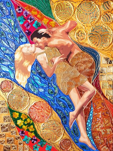 Waves of love. Man and woman couple portrait abstract in Gustav Klimt style. Unique art gift for wife husband, Wedding and Anniversary. van Irina BAST, Schilderij te koop op Singulart