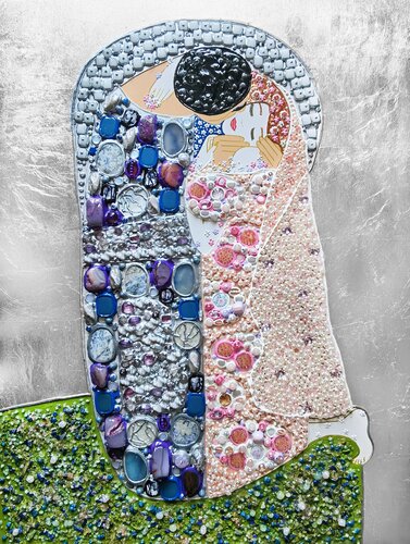 Beautiful romantic Love original painting Kiss with GEMSTONES and mosaic. Gustav Klimt inspired artwork. Unforgettable wedding gift for couple, for wife, husband, parents, friends. Unique wall art for bedroom or living room van Irina BAST, Schilderij te koop op Singulart