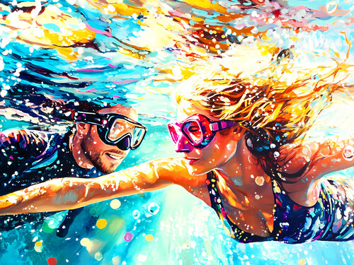 MOMENTS TOGETHER. Love romantic art. Bright people man & woman couple portrait. Under water, dream, travel, holiday, beach, seaside, marine, aqua. by Irina BAST, 版畫 for Sale on Singulart