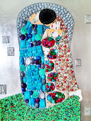 Love original painting Kiss with GEMSTONES and mosaic. Gustav Klimt inspired artwork. Unforgettable wedding gift for couple, for wife, husband, parents, friends. Unique wall art for bedroom or living room van Irina BAST, Schilderij te koop op Singulart