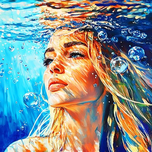 UNDER THE SEA. MERMAID. Beautiful blonde woman under water in the sea, ocean. Female portrait artwork. Positive relax holiday colorful wall art home decor von Irina BAST, Digital kaufen auf Singulart
