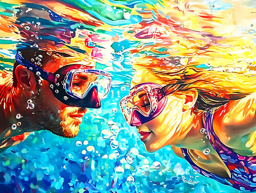 SECONDS BEFORE THE KISS. Love romantic art. Bright people man & woman couple portrait. Under water, dream, travel, holiday, beach, seaside, marine, aqua. by Irina BAST, 版畫 for Sale on Singulart