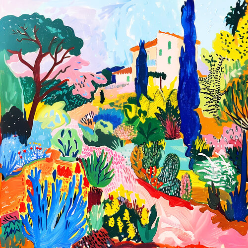 Joyful landscape. Bright colorful impressionistic art. Positive naive style fine art for home decor, inspiration by Matisse and Klimt von Irina BAST, Digital kaufen auf Singulart