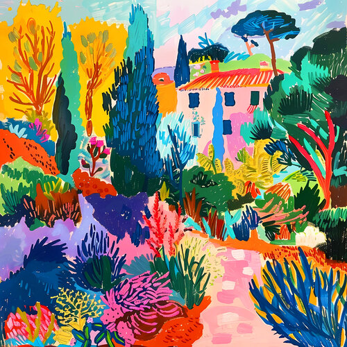 Matisse's house. Vivid landscape. Bright colorful wall art. Positive naive style fine art for home decor. von Irina BAST, Digital kaufen auf Singulart