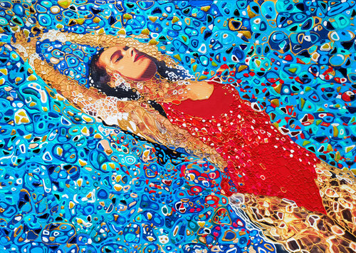 Moment of harmony. Woman in the swimming pool, sea, ocean with blue turquoise color reflections with bright sun glares. Impressionistic artwork. Original painting wall art home decor. Art Gift Irina BAST