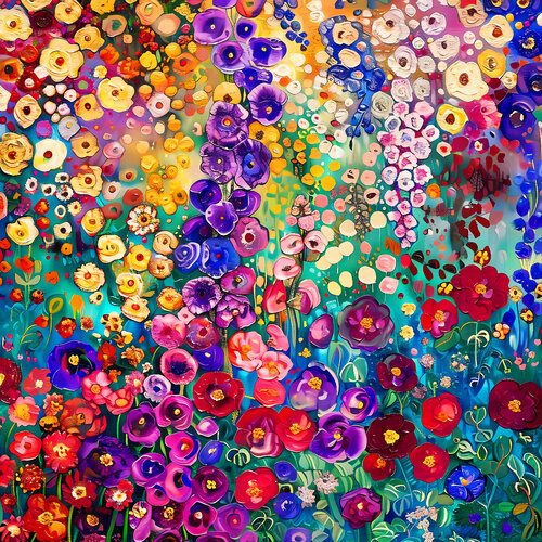 Klimt's garden. Abstract vibrant artwork with colorful impressionistic flowers. Floral field green wall art for home decor von Irina BAST, Digital kaufen auf Singulart