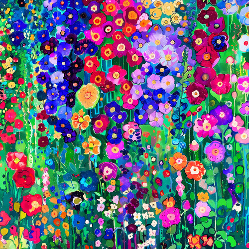 Klimt's garden. Abstract vibrant artwork with colorful impressionistic flowers. Floral field green wall art for home decor by Irina BAST, Digital for Sale on Singulart