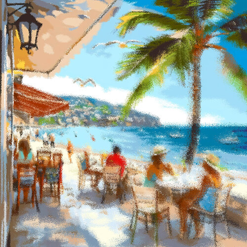 Life by the sea. Sunny day in south coastal city. Bright seascape colorful seaside art. Impressionistic landscape artwork. Summer positive vibe wall art home decor. Original art gift. by Irina BAST, Digital for Sale on Singulart