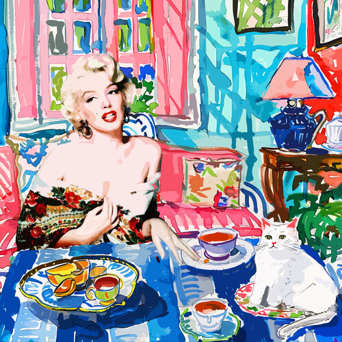Marilyn Monroe's house. Romantic illustration pop art famous USA actress celebrity portrait with cat portrait. Grandmillennial art home decor by Irina BAST, Digital for Sale on Singulart