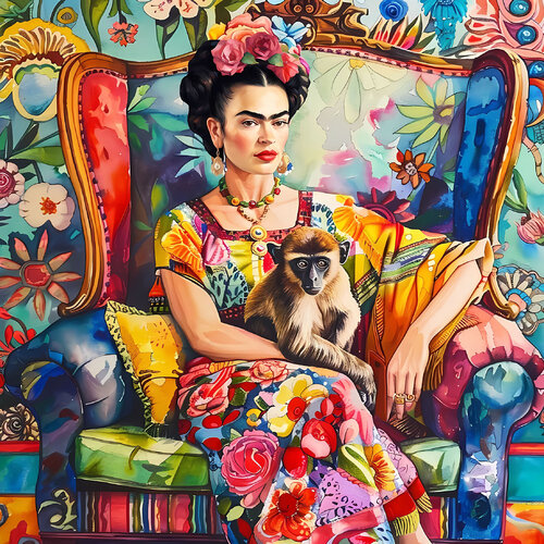 Frida Kahlo and monkey. Vivid illustration pop art colorful watercolor celebrity portrait. Grandmillennial art home decor. von Irina BAST, Druck kaufen auf Singulart