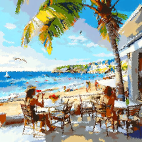 Sunny day in south coastal city. Bright seascape colorful seaside art. Impressionistic landscape artwork. Summer positive vibe wall art home decor. Original art gift. von Irina BAST, Digital kaufen auf Singulart