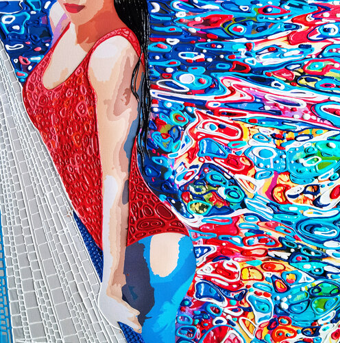 WOMAN IN THE SWIMMING POOL. Bright impressionistic artwork. Original painting for wall art home decor. Art Gift by Irina BAST, 油畫 for Sale on Singulart