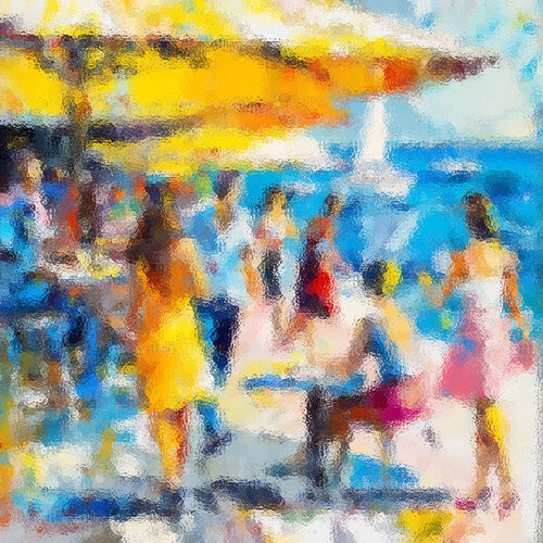 Summer vibe. Sunny day in south coastal city. Bright seascape colorful seaside art. Impressionistic landscape artwork. Positive vibe wall art home decor. Original art gift. by Irina BAST, Digital for Sale on Singulart