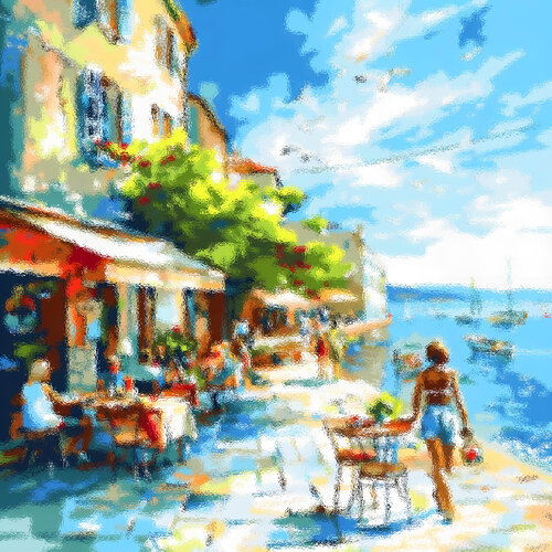 Happy life near the sea. Sunny day in south coastal city. Bright seascape colorful seaside art. Impressionistic landscape artwork. Summer positive vibe wall art home decor. Original art gift by Irina BAST, Digital for Sale on Singulart