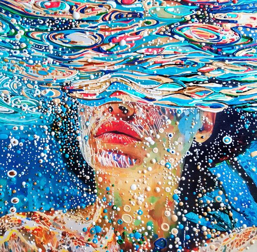 Woman under water in the swimming pool, sea, ocean.. Bright impressionistic artwork. Original painting for wall art home decor. Art Gift Irina BAST