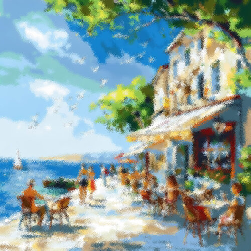 Summer vibe. Happy life near the sea. Sunny day in south coastal city.  Bright seascape colorful seaside art. Impressionistic landscape artwork. Positive mood wall art home decor. Original art gift. by Irina BAST, Digital for Sale on Singulart