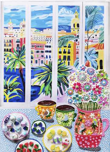 Enjoying coffee with a view of Spain. Bright joyful colorful cityscape. Hanging positive naive dopamine endorphin cheerful fine art for home decor, inspiration by Matisse van Irina BAST, Schilderij te koop op Singulart