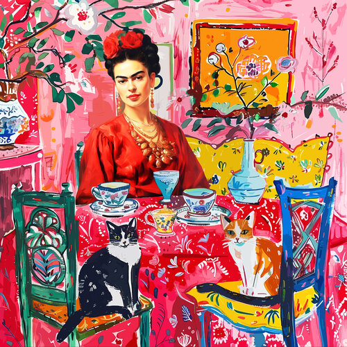 Frida Kahlo and her cats. Vivid illustration pop art colorful watercolor celebrity portrait with cats. Cute funny grandmillennial art home decor. Lovely art gift von Irina BAST, Druck kaufen auf Singulart