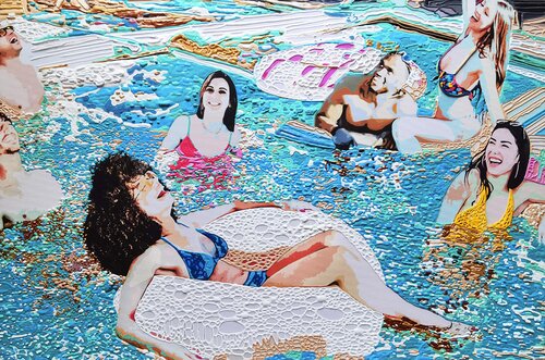 Pool Party modern original painting. Pop art vivid colors, modern impressionism people portrait. Colorful vibrant water abstract. Large positive mood wall decor. Perfect gift for art lovers von Irina BAST, Malerei kaufen auf Singulart