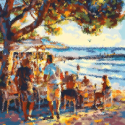Warm evening by the sea. Happy life. Sunny day in south coastal city. Bright seascape colorful seaside art. Impressionistic landscape artwork. Positive mood wall art home decor. Original art gift. by Irina BAST, Digital for Sale on Singulart