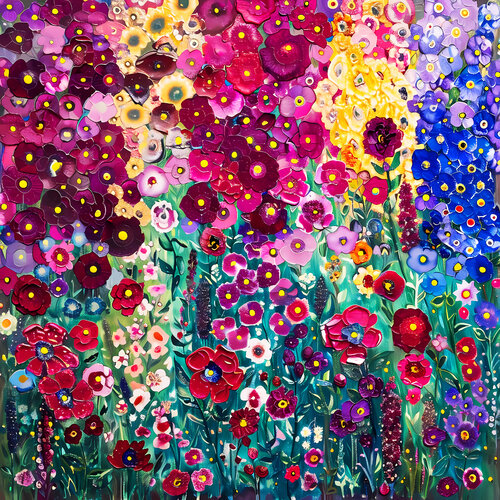 Klimt's garden. Garden with flowers mallow, nasturtium, phlox, cosmos, petunias, delphiniums, morning glory, flax, poppies. Colorful abstract floral artwork for home decor von Irina BAST, Digital kaufen auf Singulart
