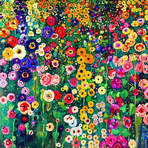 Klimt's garden. Abstract vibrant artwork with colorful impressionistic flowers. Floral field green wall art for home decor by Irina BAST, Digital for Sale on Singulart