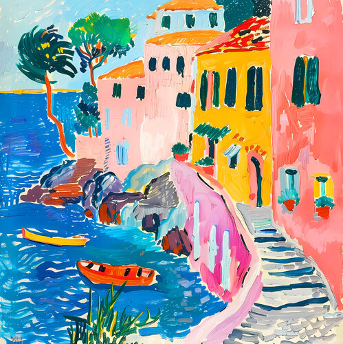ITALY. Bright joyful modern impressionistic colorful cityscape. Hanging large positive naive child style fine art for home decor, inspiration by Matisse van Irina BAST, Digitaal te koop op Singulart