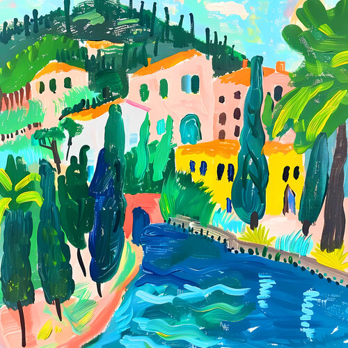 ITALY. Bright joyful modern impressionistic colorful cityscape. Hanging large positive naive child style fine art for home decor, inspiration by Matisse by Irina BAST, Digital for Sale on Singulart