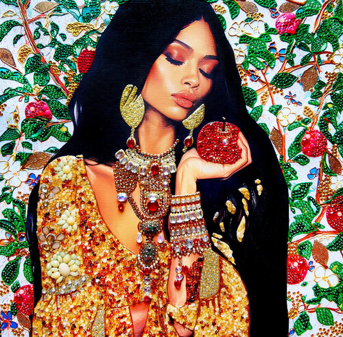 Black Eve. Original painting with semi-precious stones amber and iridescent crystal rhinestones. von Irina BAST, Malerei kaufen auf Singulart