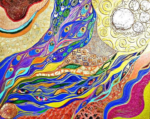 Green blue purple golden orange large abstract painting van Irina BAST, Schilderij te koop op Singulart