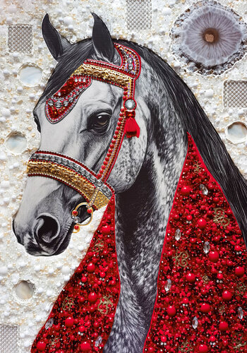White horse in a red scarf. Pearls and red coral artwork von Irina BAST, Malerei kaufen auf Singulart