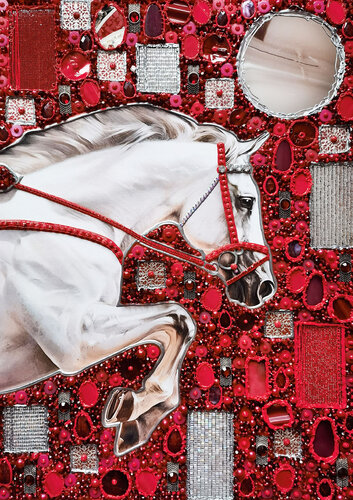 Decisive leap. A white racehorse. Red coral artwork von Irina BAST, Malerei kaufen auf Singulart
